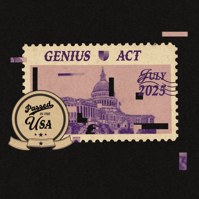 A vintage postage stamp design featuring the U.S. Capitol, labeled "GENIUS ACT July 2025" with a "Passed in the USA" badge in the corner
